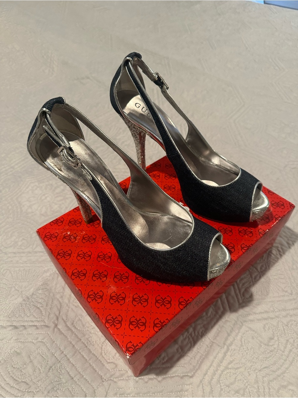 Guess Denim Peep-Toe Slingback Heels with Sparkly Silver Accents